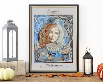 Stampa Art Nouveau di Samhain, Ruota dell'Anno, Decorazione per altare wiccan