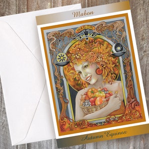May include: A greeting card in the art nouveau style, featuring a woman with a basket of produce. The card reads "Mabon" and "Autumn Equinox". The colour scheme is orange, gold, and brown, with a white envelope.