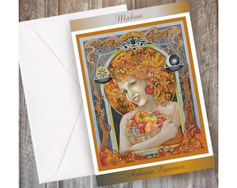 Mabon cards, Art Nouveau style Autumn greeting card A5,  Thanksgiving cards, Wheel of the year pagan wiccan art cards