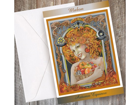 Mabon cards, Art Nouveau style Autumn greeting card A5,  Thanksgiving cards, Wheel of the year pagan wiccan art cards