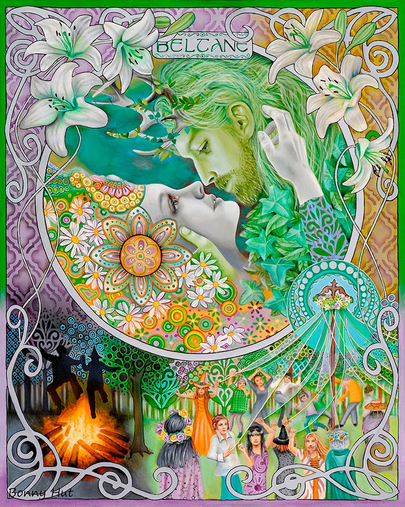 This giclee canvas wall art print is of Beltane or the witches wheel of the year.  It is of the pagan handfasting wedding Goddess May Queen and the green man. People also dancing around the maypole.  Oil on canvas painted in art nouveau style.