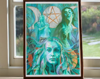 三位一体の女神のアートプリント、母なる乙女と老婆、異教徒のウィッカ装飾