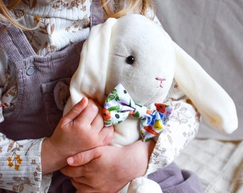 Handmade Heirloom White Bunny Stuffed Animal Toy | Soft Hugging Plushy Doll for Children and Toddler Easter Gift, Baby Shower, Nursery Décor