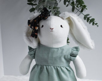 Handmade White Bunny Stuffed Animal Doll | Soft Huggable Plushie Toy for Children’s Boy or Girl Easter Gift, Baby Shower, Nursery Décor