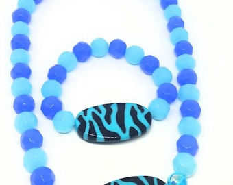 Chicas collar y pulsera conjunto, azul, impresión, niñas ideas de regalo
