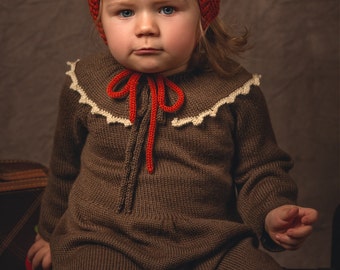 Vintage wool dress, toddler long sleeve dress, bib collar dress, vintage knit dress, knitted baby dress, hand knitted baby clothes
