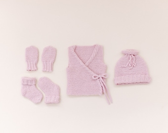 Knitted baby set for coming home outfit, handknit sweater vest, preemie wear, vintage baby knit baby clothes,