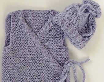 knitted baby set, woollen premmie set, infant vest and hat, handknit waistcoat and cap, vintage baby set, knitted baby outfit