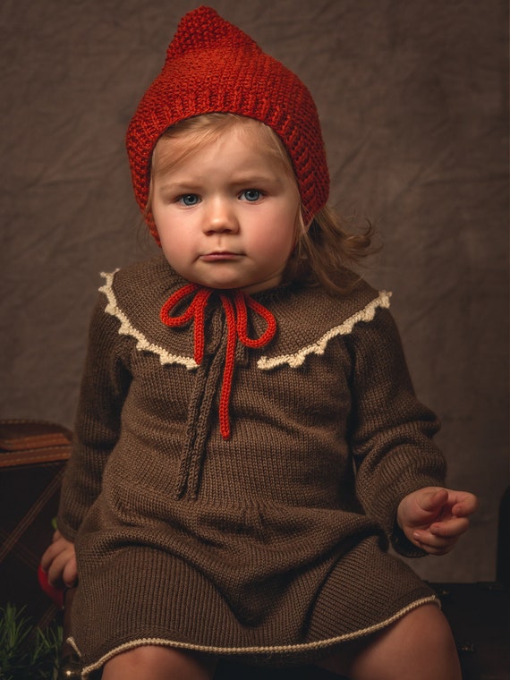 Vintage Wool Dress, Toddler Long Sleeve Dress, Bib Collar Dress, Vintage Knit Dress, Knitted Baby Dress, Hand Knitted Baby Clothes