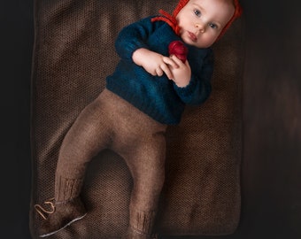 Minimalist alpaca baby sweater & leggings set, sustainable handmade knitwear