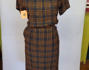 Robe crayon noire et orange XS vintage des années 1950