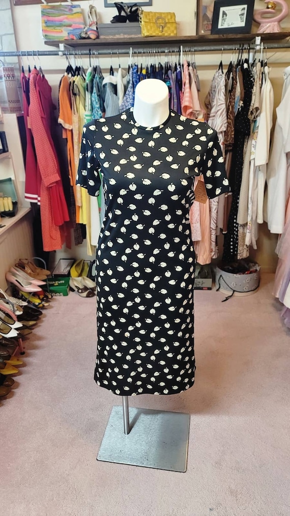 L XL vintage black leaf print dress c 1970s