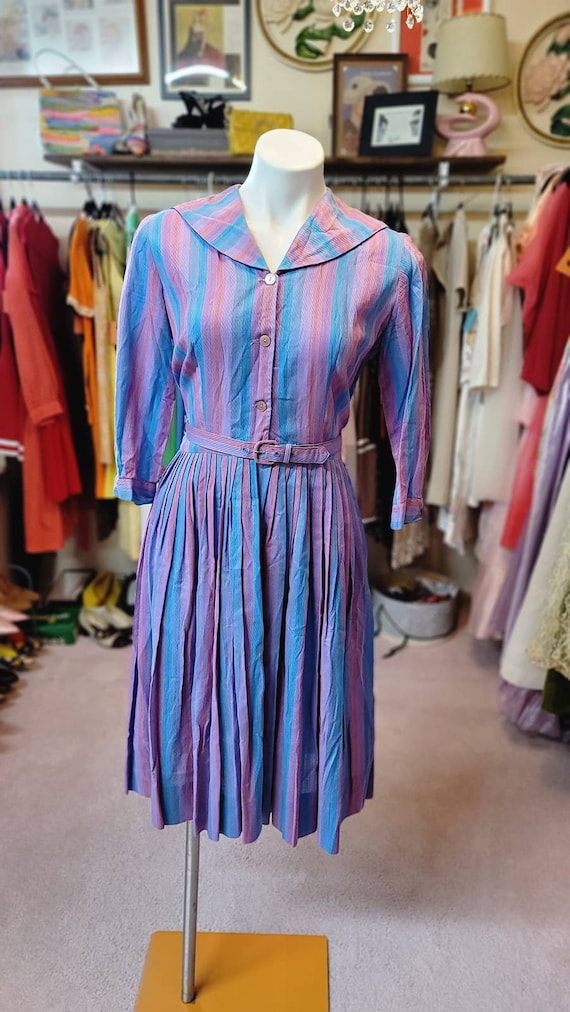 S vintage purple striped day dress c1950s