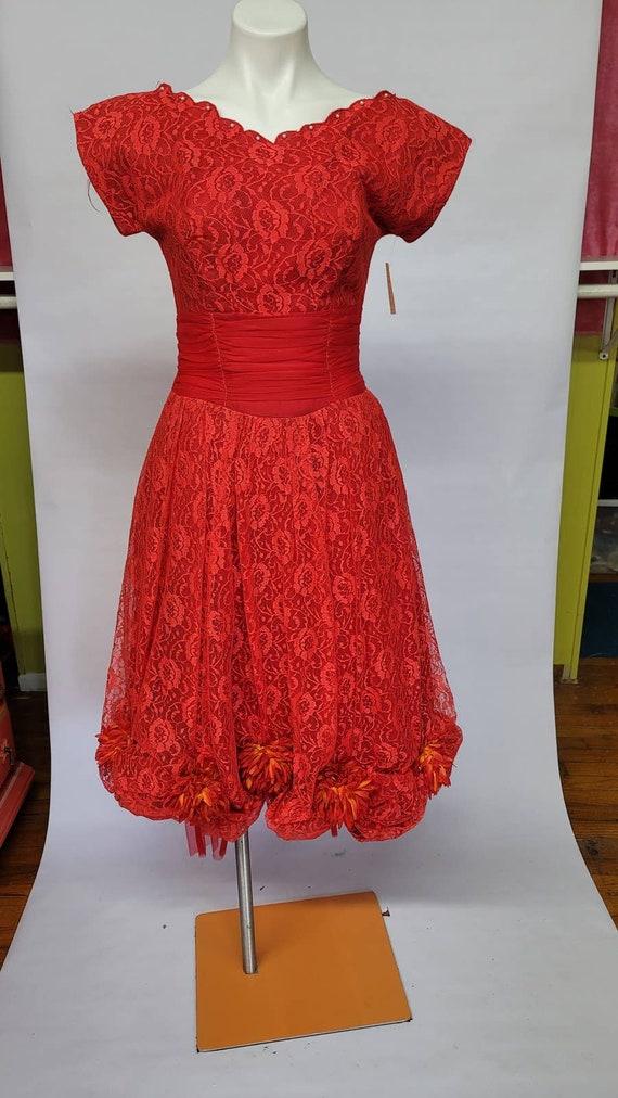 S vintage red lace formal dress 1960s