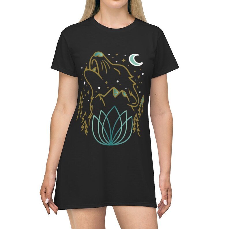 MeraKi/'s Essentials Celestial Wolf Black Shirt Dress Pajama Top
