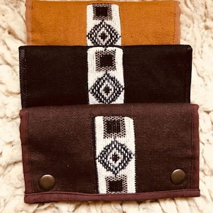 Può includere: Tre pochette in tessuto con un motivo geometrico. Le pochette sono di colore marrone, nero e marrone chiaro. Ogni pochette ha una chiusura a bottone.