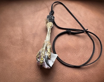 Pendentif talisman chamanique avec griffes de faucon et cristal d'améthyste brut