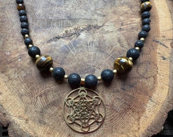 Collier en laiton et perles noires Metatron Cube