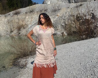 Tunique de cérémonie mexicaine Chamula avec broderie faite main beige