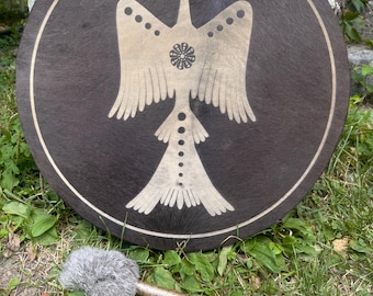 Tambour chamanique en peau de cheval : oeuvre d'art d'oiseaux aquatiques, cadre en bouleau (50 cm)
