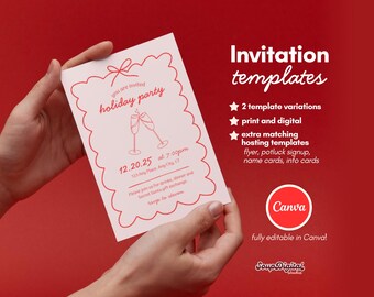 Szablon zaproszenia na przyjęcie świąteczne w kolorze czerwonym | Canva do druku (pobranie cyfrowe)