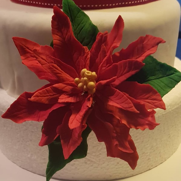 Gumpaste Fondant Poinsettia Sugar Flower in Red and Gold for Christmas cake decoration  winter wedding cake or any celebration