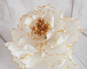 White and gold Gum paste Sugar open peony flower for celebration, anniversary, wedding and birthday cakes