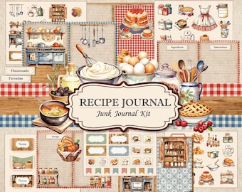 Country Kitchen Recipe Junk Journal Kit, Fussy Cut, Vintage Scrapbook Kit, Journaling Supplies Ephemera, Printable Pages, Recipe Card