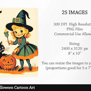 May include: A vintage Halloween illustration of a witch with a black hat and green dress holding a lit candle. She is standing next to a black cat and a jack-o'-lantern. The image is set against a white background.