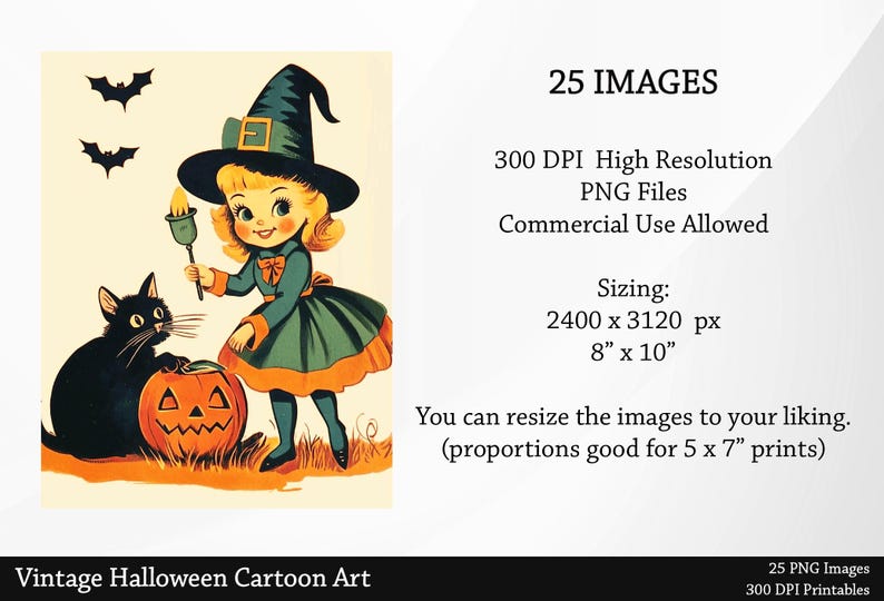 May include: A vintage Halloween illustration of a witch with a black hat and green dress holding a lit candle. She is standing next to a black cat and a jack-o'-lantern. The image is set against a white background.