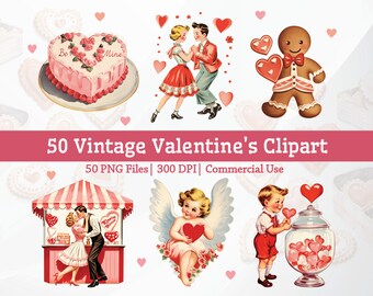 Vintage 1950s Valentines Clipart Bundle, Retro High-Quality Valentine's Day Sweets, Candy Shop Printable Sublimation Kitsch Illustrations