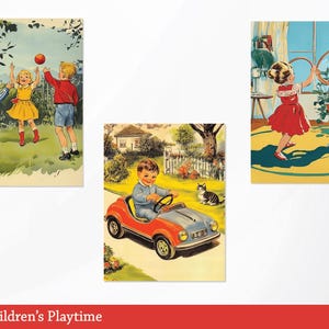 Puede incluir: Tres ni&ntilde;os jugando al aire libre. Una ni&ntilde;a con un vestido azul y blanco lanza una pelota roja a una ni&ntilde;a con un vestido amarillo. Un ni&ntilde;o con una camisa roja y pantalones cortos azules atrapa la pelota. Otro ni&ntilde;o con una camisa azul y pantalones rojos conduce un coche de juguete rojo mientras un gato observa.