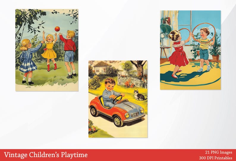 Puede incluir: Tres ni&ntilde;os jugando al aire libre. Una ni&ntilde;a con un vestido azul y blanco lanza una pelota roja a una ni&ntilde;a con un vestido amarillo. Un ni&ntilde;o con una camisa roja y pantalones cortos azules atrapa la pelota. Otro ni&ntilde;o con una camisa azul y pantalones rojos conduce un coche de juguete rojo mientras un gato observa.