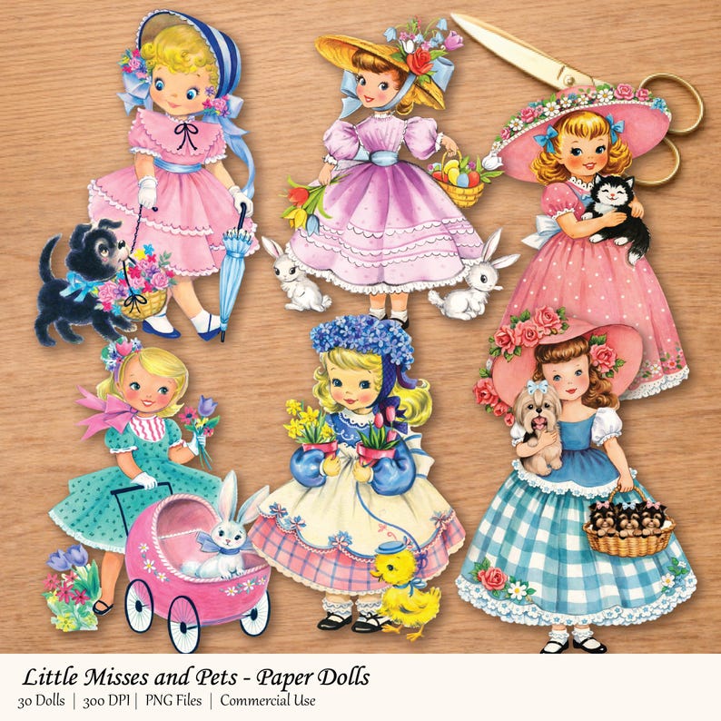 Spring Paper Dolls Little Miss Spring Paper Dolls With Pets, Vintage 1950s Retro Clipart ...