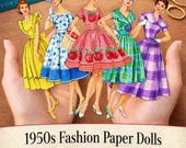 1950s Fashion Paper Dolls Printable, Retro Paper Dolls, Mid Century Ladies, Digital Download