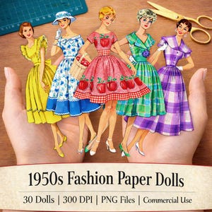 May include: A collection of five vintage paper dolls in colorful dresses, held in a hand. The dolls are in various styles, including floral, plaid, and apple-themed designs. The text at the bottom reads "1950s Fashion Paper Dolls".