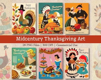 Images imprimables vintage du milieu du siècle pour Thanksgiving, illustrations rétro des années 1950, Thanksgiving en banlieue, récolte d'automne, ensemble de cliparts dindes