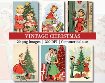 Illustrations de Noël vintage des années 1950 Images de carte de voeux rétro, imprimable téléchargement numérique instantané Kitsch vacances hiver PNG