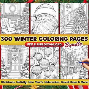 May include: A collection of 300 winter-themed coloring pages, including Christmas, Nativity, New Year's, Nutcracker, and Kawaii Xmas designs. The pages are available for download in PDF and PNG formats.