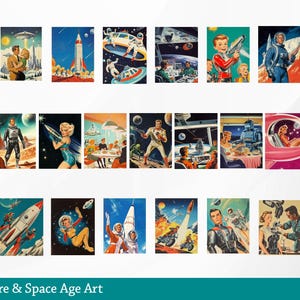 May include: A collection of 25 retro-futuristic illustrations featuring spaceships, rockets, and people in futuristic clothing. The illustrations are in a vintage style and have a bright color palette. The text "Retro Future & Space Age Art" is at the bottom of the image.