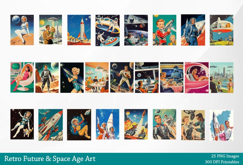 May include: A collection of 25 retro-futuristic illustrations featuring spaceships, rockets, and people in futuristic clothing. The illustrations are in a vintage style and have a bright color palette. The text "Retro Future & Space Age Art" is at the bottom of the image.