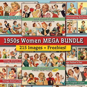 PAQUETE MÁS VENDIDO: Imágenes prediseñadas de mujeres de los años 50, imágenes PNG imprimibles de amas de casa retro de los años 50, tareas del hogar, personas de los años 50
