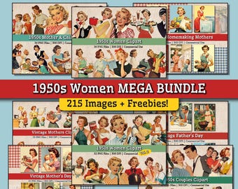 BESTSELLER BUNDLE Vintage 1950s Women Clipart Images, Printable Retro 1950s Ladies Housewife PNG, Housekeeping Homemaking, 1950s People