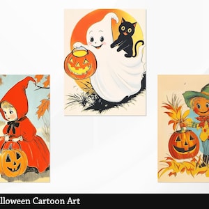 May include: Three vintage Halloween illustrations featuring a girl in a red hooded cape with a black cat and a jack-o-lantern, a ghost with a black cat and a jack-o-lantern, and a scarecrow with a jack-o-lantern.