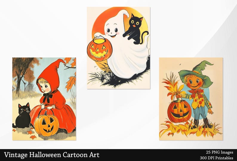 May include: Three vintage Halloween illustrations featuring a girl in a red hooded cape with a black cat and a jack-o-lantern, a ghost with a black cat and a jack-o-lantern, and a scarecrow with a jack-o-lantern.
