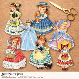Puede incluir: Una colecci&oacute;n de mu&ntilde;ecas de papel vintage con ilustraciones detalladas. Las mu&ntilde;ecas visten vestidos y sombreros coloridos, algunas sosteniendo mascotas o cestas. El texto "SWEET PAPER DOLLS" est&aacute; en la parte inferior.