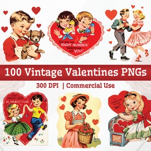 Lot de 100 cliparts vintage de haute qualité pour la Saint-Valentin, Images rétro des années 1950 PNG, Images kitsch imprimables de marque Illustrations cartes de la Saint-Valentin