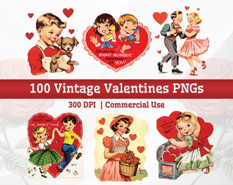 100 High-Quality Vintage Valentine's Clipart Bundle, Retro 1950s Images PNG, Printable  Hallmark Kitsch Images Illustrations Valentine Cards