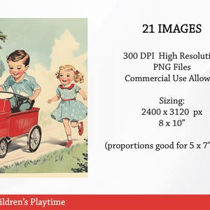 Puede incluir: Una ilustraci&oacute;n vintage de dos ni&ntilde;os jugando. Un ni&ntilde;o con una camisa azul conduce un coche de juguete rojo mientras una ni&ntilde;a con un vestido azul corre detr&aacute;s de &eacute;l. La imagen es parte de un conjunto de 21 im&aacute;genes de alta resoluci&oacute;n, perfectas para imprimir.
