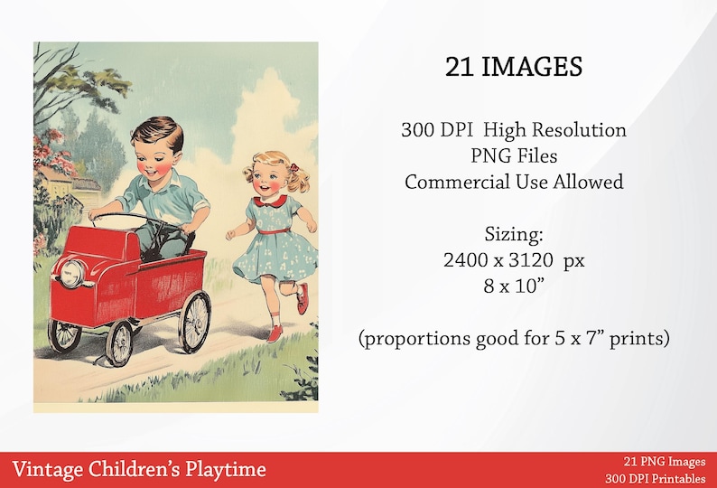 Puede incluir: Una ilustraci&oacute;n vintage de dos ni&ntilde;os jugando. Un ni&ntilde;o con una camisa azul conduce un coche de juguete rojo mientras una ni&ntilde;a con un vestido azul corre detr&aacute;s de &eacute;l. La imagen es parte de un conjunto de 21 im&aacute;genes de alta resoluci&oacute;n, perfectas para imprimir.